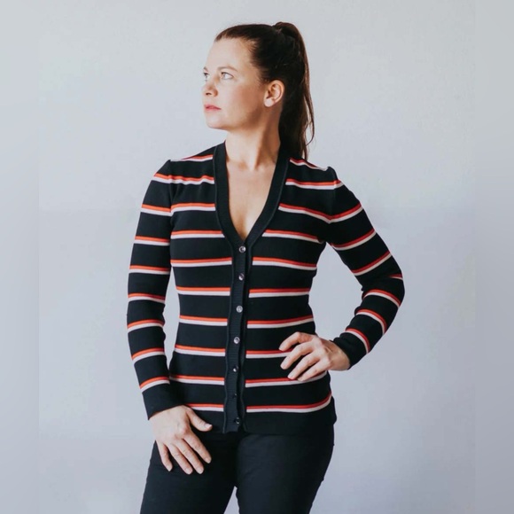 Vintage Sweaters - Vintage Miss Sun Valley black/red/white striped cardigan, size S